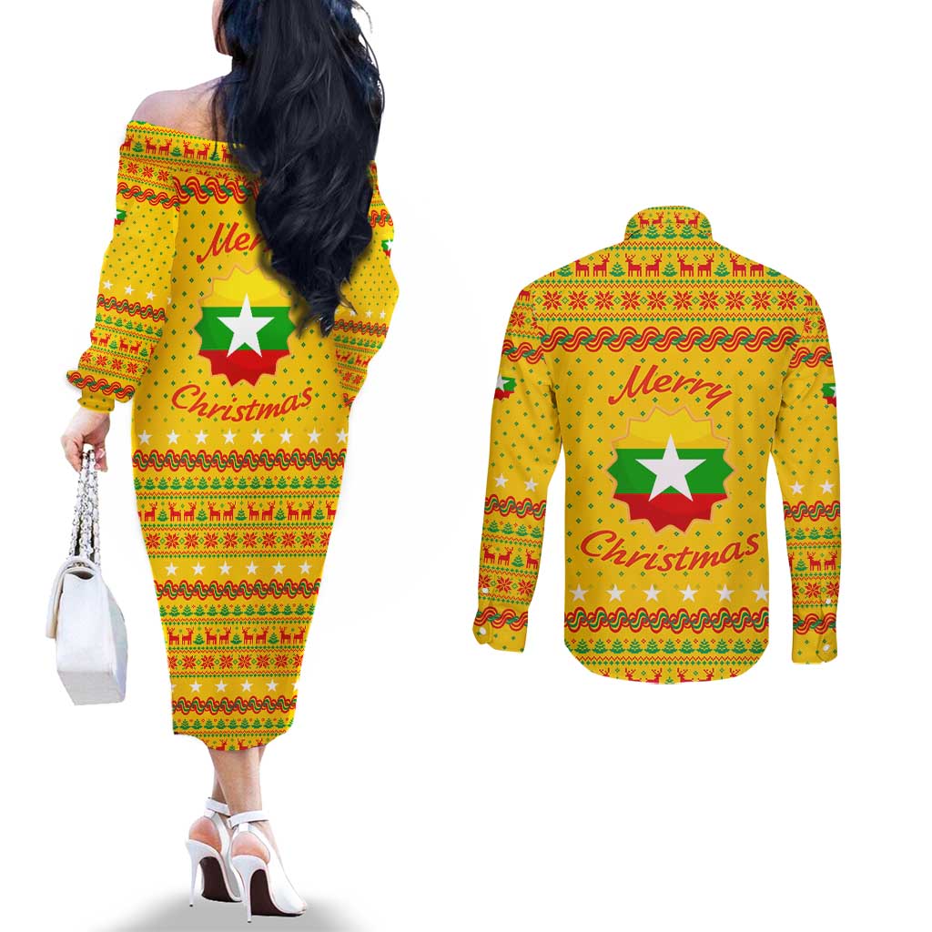 Myanmar Christmas Couples Matching Off The Shoulder Long Sleeve Dress and Long Sleeve Button Shirt with Yellow-Red-Green Theme, National Emblem, and Star Motif - Wonder Print Shop