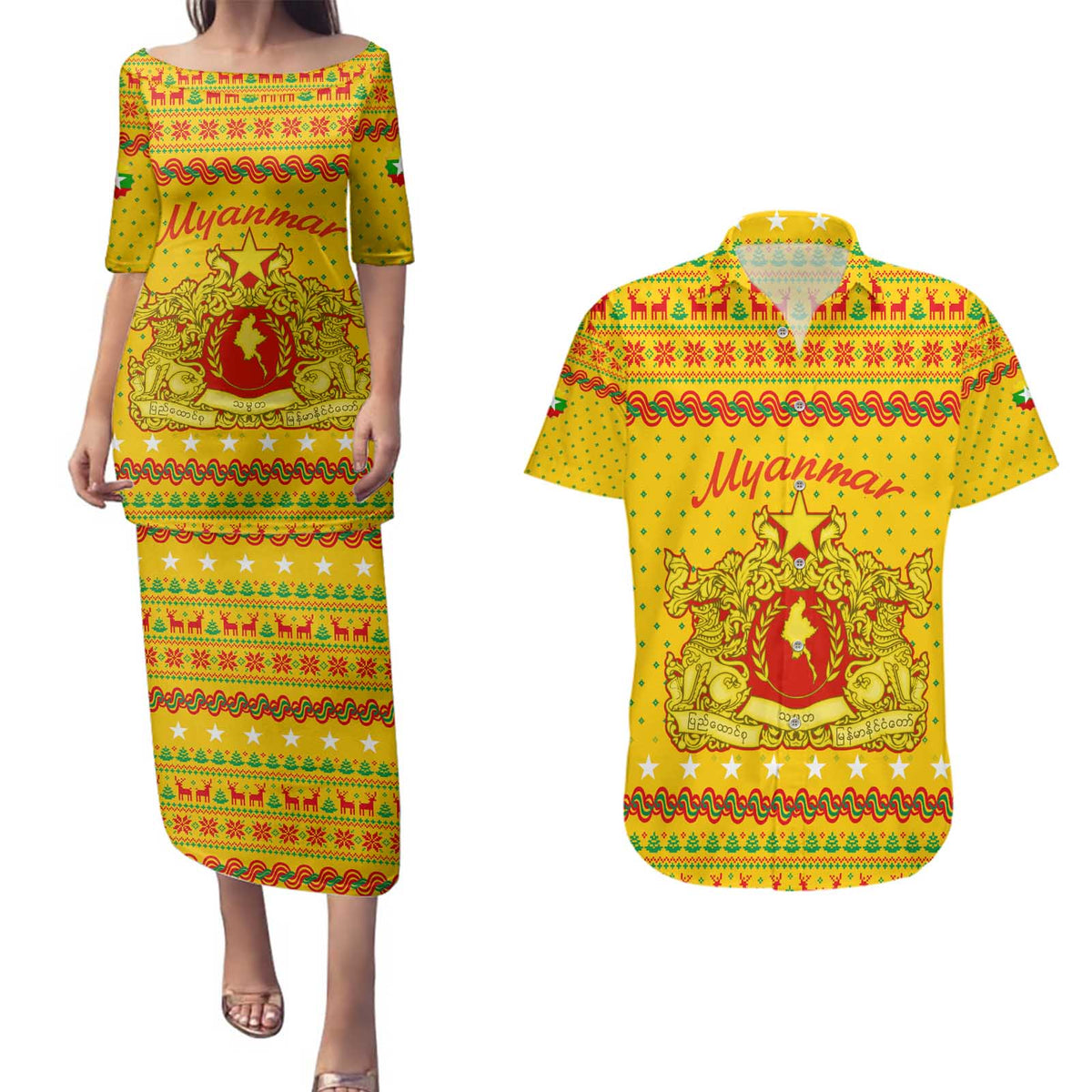 Myanmar Christmas Couples Matching Puletasi and Hawaiian Shirt with Yellow-Red-Green Theme, National Emblem, and Star Motif - Wonder Print Shop
