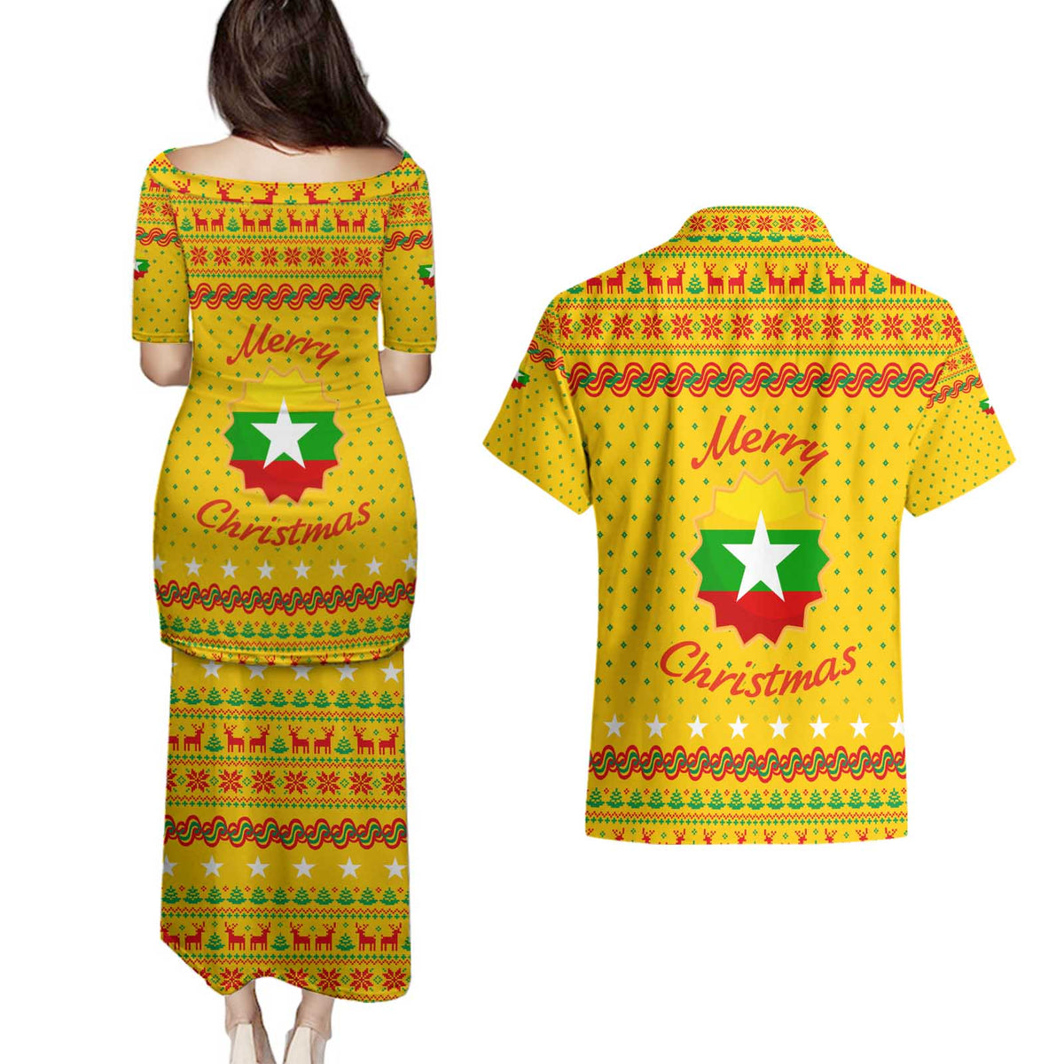 Myanmar Christmas Couples Matching Puletasi and Hawaiian Shirt with Yellow-Red-Green Theme, National Emblem, and Star Motif - Wonder Print Shop