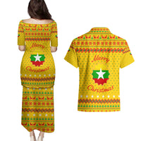 Myanmar Christmas Couples Matching Puletasi and Hawaiian Shirt with Yellow-Red-Green Theme, National Emblem, and Star Motif - Wonder Print Shop
