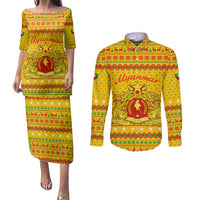 Myanmar Christmas Couples Matching Puletasi and Long Sleeve Button Shirt with Yellow-Red-Green Theme, National Emblem, and Star Motif - Wonder Print Shop