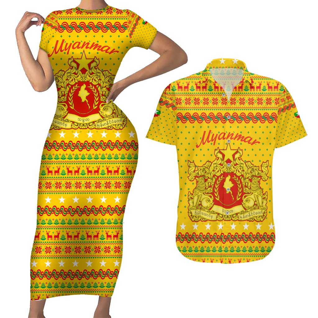 Myanmar Christmas Couples Matching Short Sleeve Bodycon Dress and Hawaiian Shirt with Yellow-Red-Green Theme, National Emblem, and Star Motif - Wonder Print Shop