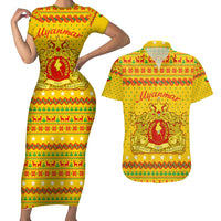 Myanmar Christmas Couples Matching Short Sleeve Bodycon Dress and Hawaiian Shirt with Yellow-Red-Green Theme, National Emblem, and Star Motif - Wonder Print Shop