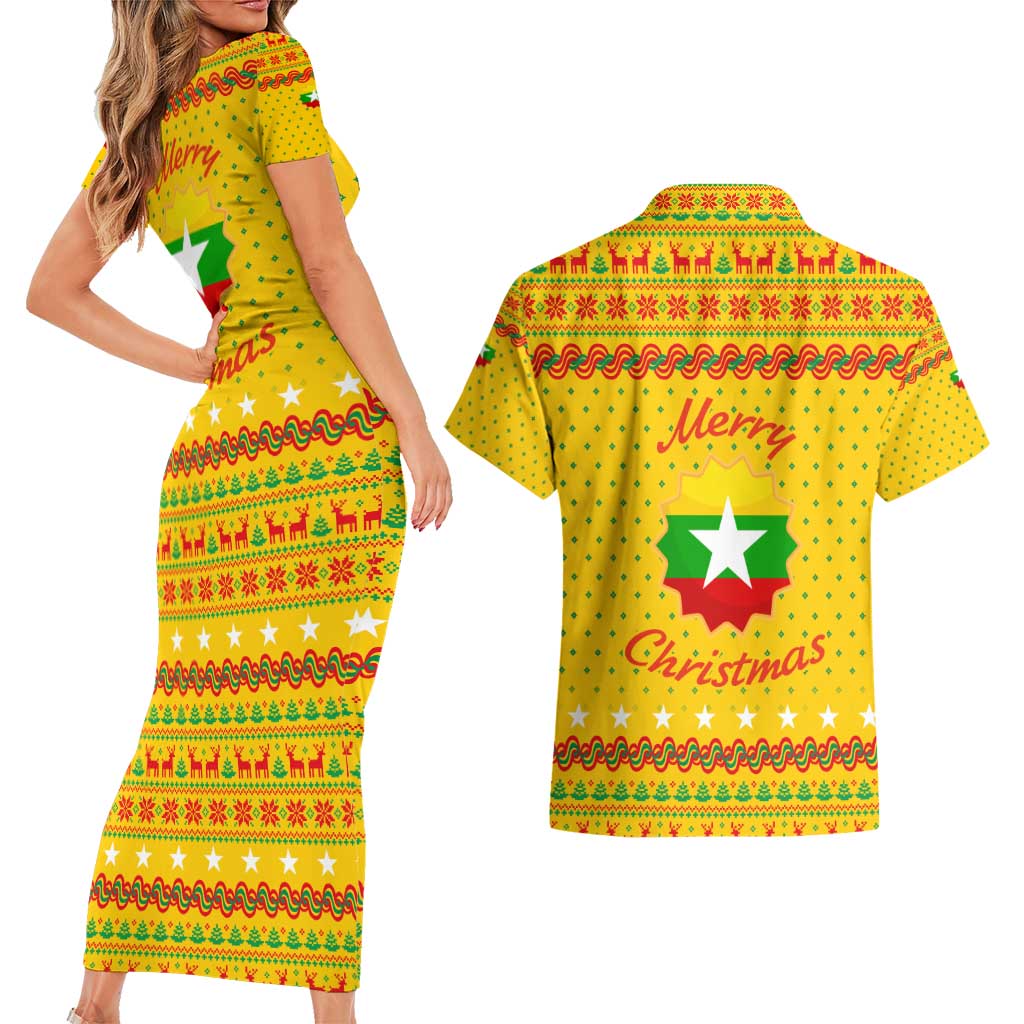 Myanmar Christmas Couples Matching Short Sleeve Bodycon Dress and Hawaiian Shirt with Yellow-Red-Green Theme, National Emblem, and Star Motif - Wonder Print Shop