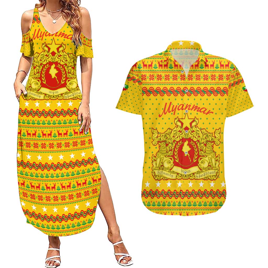 Myanmar Christmas Couples Matching Summer Maxi Dress and Hawaiian Shirt with Yellow-Red-Green Theme, National Emblem, and Star Motif - Wonder Print Shop