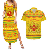 Myanmar Christmas Couples Matching Summer Maxi Dress and Hawaiian Shirt with Yellow-Red-Green Theme, National Emblem, and Star Motif - Wonder Print Shop