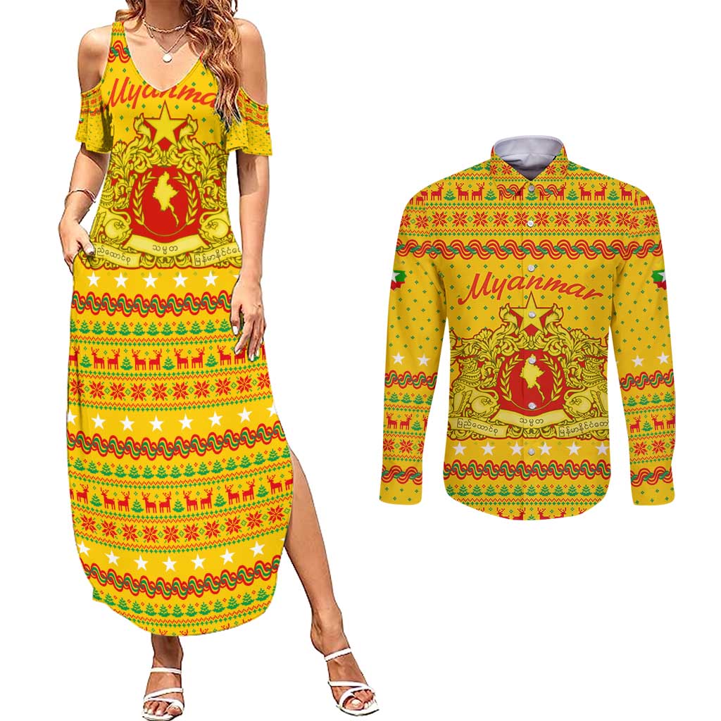 Myanmar Christmas Couples Matching Summer Maxi Dress and Long Sleeve Button Shirt with Yellow-Red-Green Theme, National Emblem, and Star Motif - Wonder Print Shop