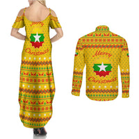 Myanmar Christmas Couples Matching Summer Maxi Dress and Long Sleeve Button Shirt with Yellow-Red-Green Theme, National Emblem, and Star Motif - Wonder Print Shop