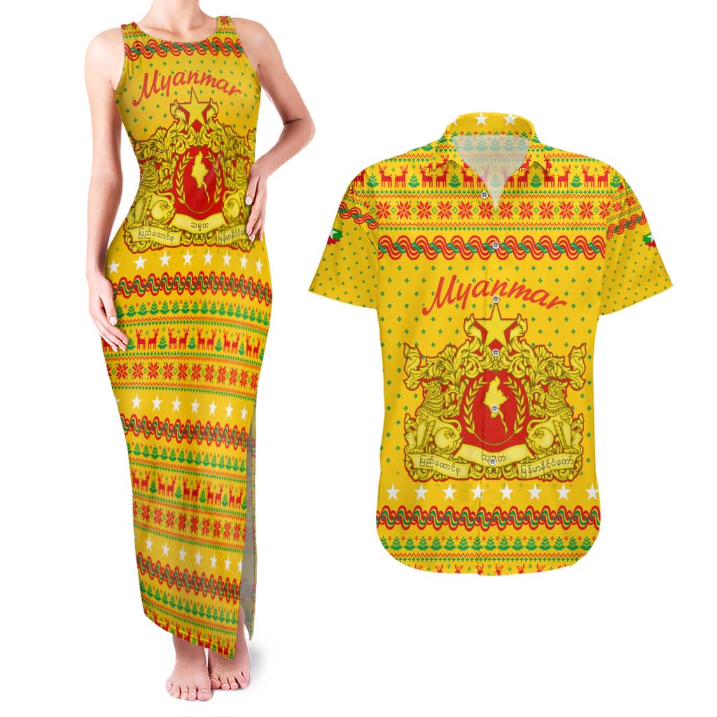 Myanmar Christmas Couples Matching Tank Maxi Dress and Hawaiian Shirt with Yellow-Red-Green Theme, National Emblem, and Star Motif - Wonder Print Shop