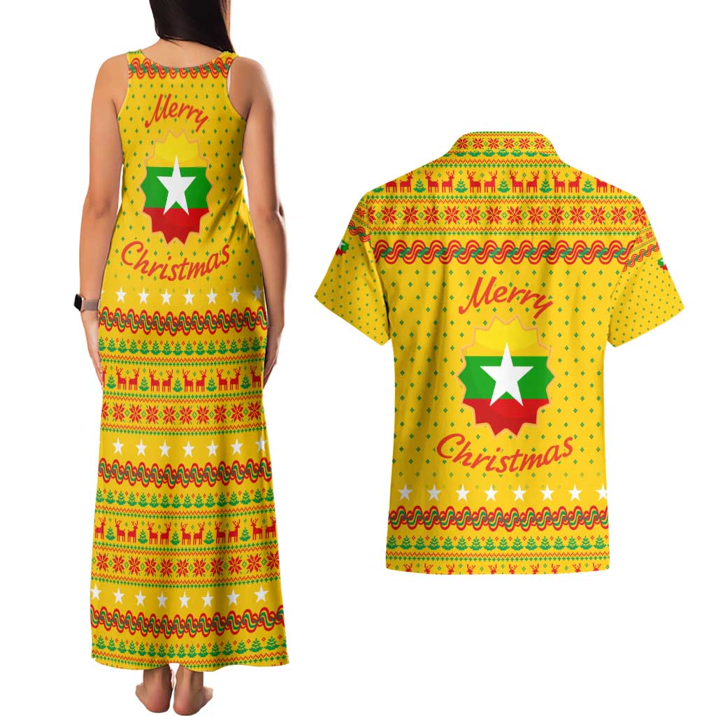 Myanmar Christmas Couples Matching Tank Maxi Dress and Hawaiian Shirt with Yellow-Red-Green Theme, National Emblem, and Star Motif - Wonder Print Shop