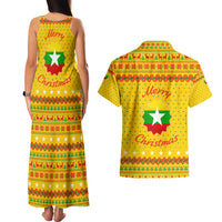 Myanmar Christmas Couples Matching Tank Maxi Dress and Hawaiian Shirt with Yellow-Red-Green Theme, National Emblem, and Star Motif - Wonder Print Shop