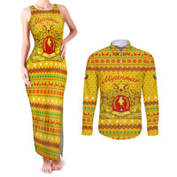 Myanmar Christmas Couples Matching Tank Maxi Dress and Long Sleeve Button Shirt with Yellow-Red-Green Theme, National Emblem, and Star Motif - Wonder Print Shop