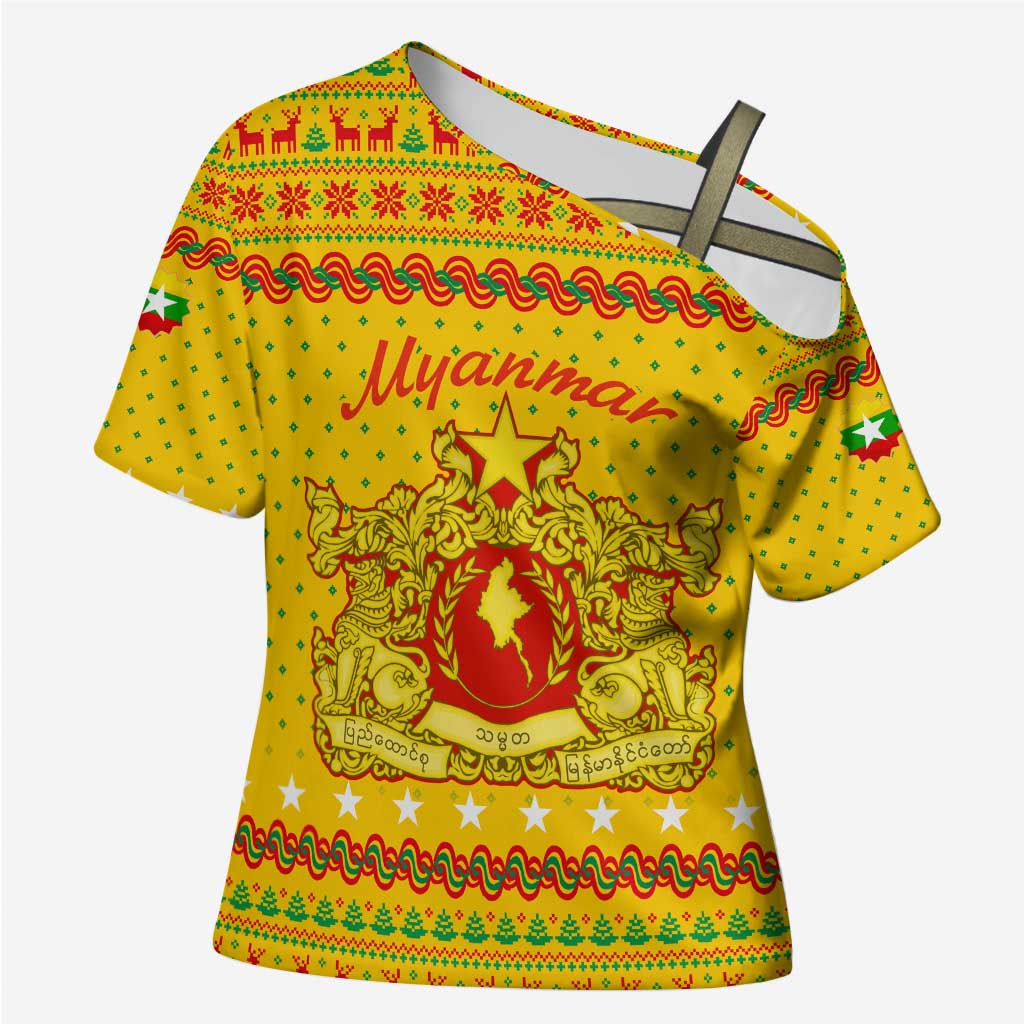 Myanmar Christmas Cross Shoulder Shirt with Yellow-Red-Green Theme, National Emblem, and Star Motif - Wonder Print Shop