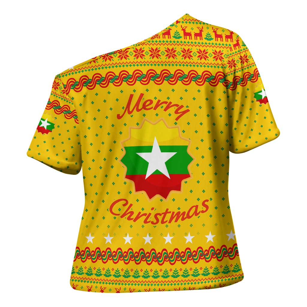 Myanmar Christmas Cross Shoulder Shirt with Yellow-Red-Green Theme, National Emblem, and Star Motif - Wonder Print Shop