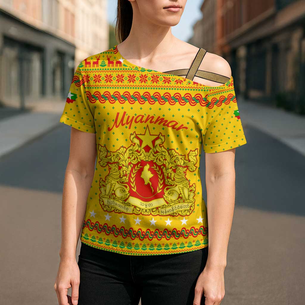 Myanmar Christmas Cross Shoulder Shirt with Yellow-Red-Green Theme, National Emblem, and Star Motif - Wonder Print Shop
