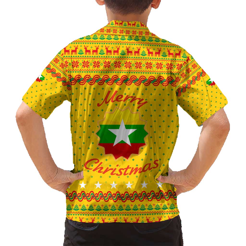 Myanmar Christmas Family Matching Long Sleeve Bodycon Dress and Hawaiian Shirt with Yellow-Red-Green Theme, National Emblem, and Star Motif - Wonder Print Shop