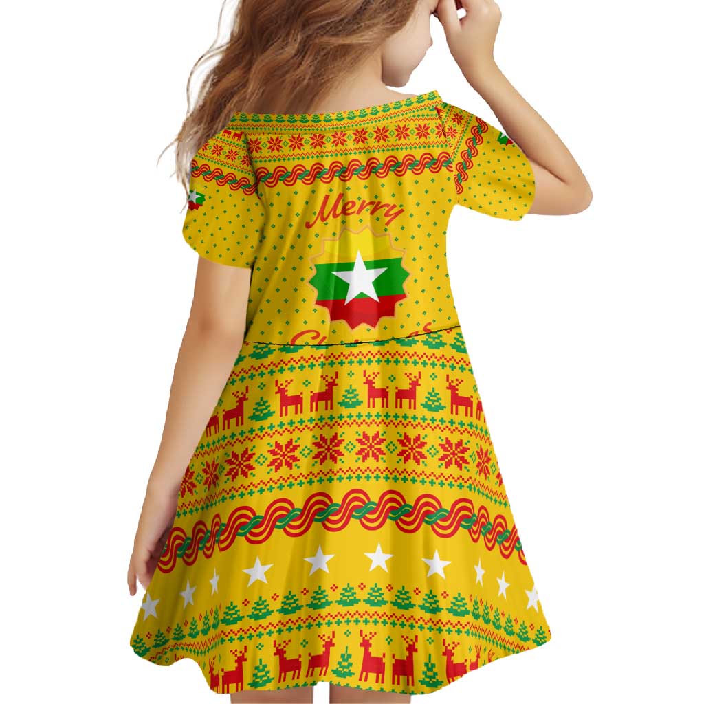 Myanmar Christmas Family Matching Long Sleeve Bodycon Dress and Hawaiian Shirt with Yellow-Red-Green Theme, National Emblem, and Star Motif - Wonder Print Shop