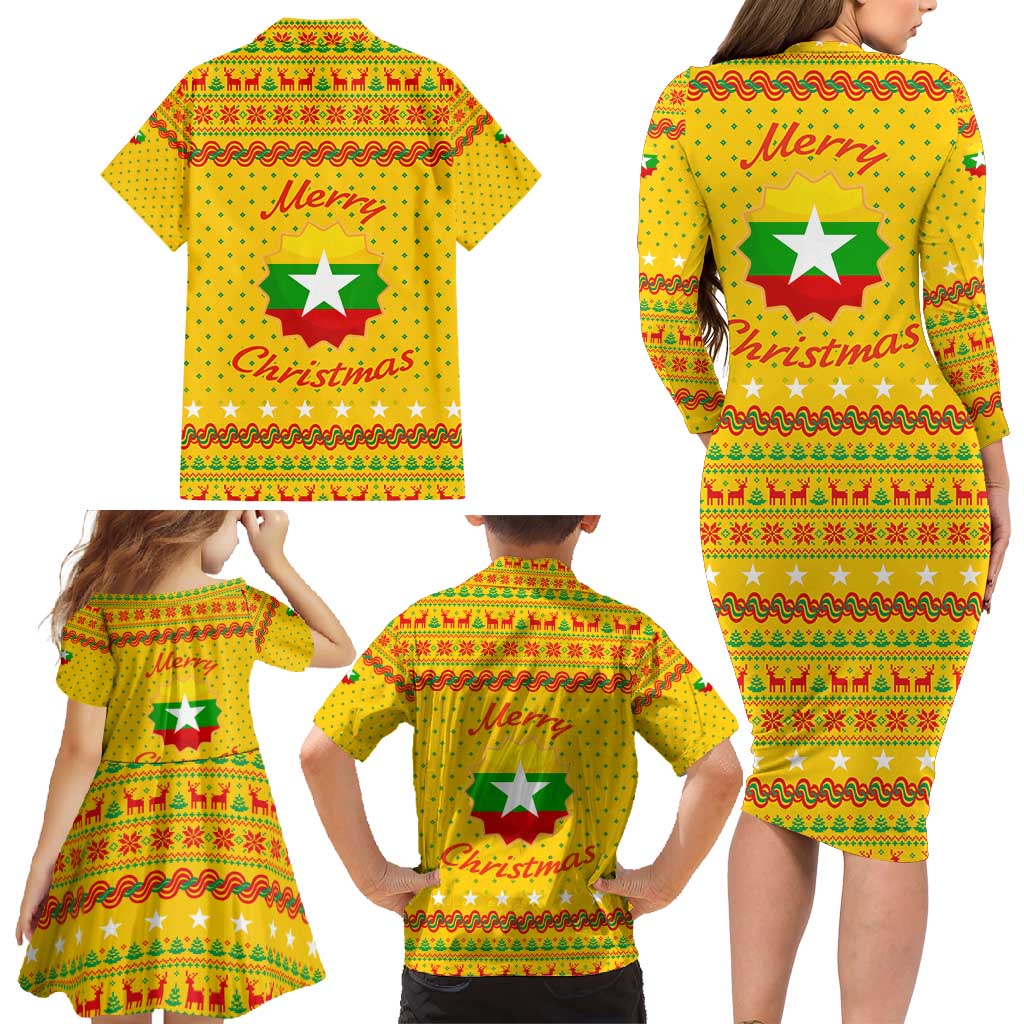 Myanmar Christmas Family Matching Long Sleeve Bodycon Dress and Hawaiian Shirt with Yellow-Red-Green Theme, National Emblem, and Star Motif - Wonder Print Shop