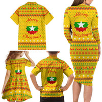 Myanmar Christmas Family Matching Long Sleeve Bodycon Dress and Hawaiian Shirt with Yellow-Red-Green Theme, National Emblem, and Star Motif - Wonder Print Shop