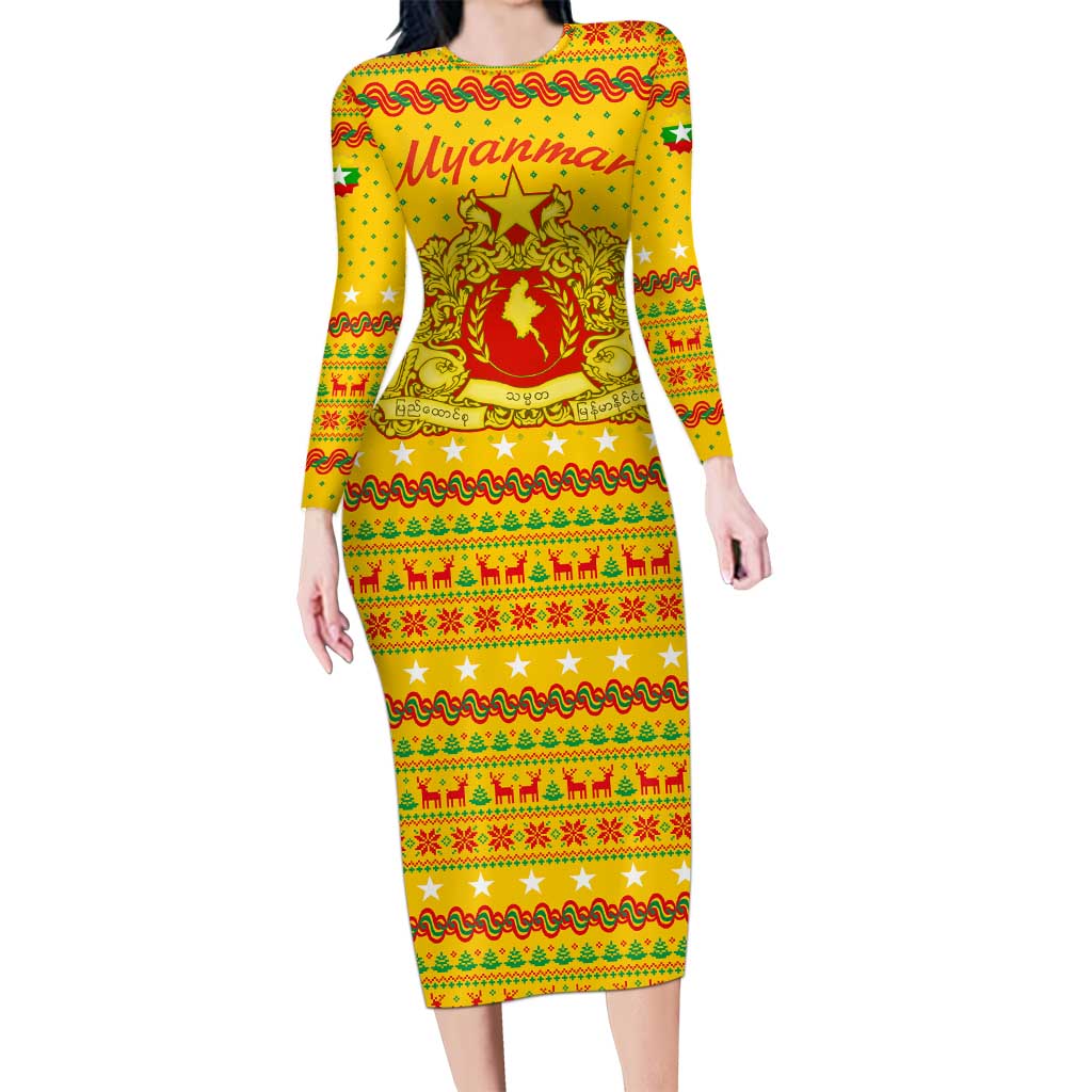 Myanmar Christmas Family Matching Long Sleeve Bodycon Dress and Hawaiian Shirt with Yellow-Red-Green Theme, National Emblem, and Star Motif - Wonder Print Shop