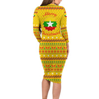 Myanmar Christmas Family Matching Long Sleeve Bodycon Dress and Hawaiian Shirt with Yellow-Red-Green Theme, National Emblem, and Star Motif - Wonder Print Shop