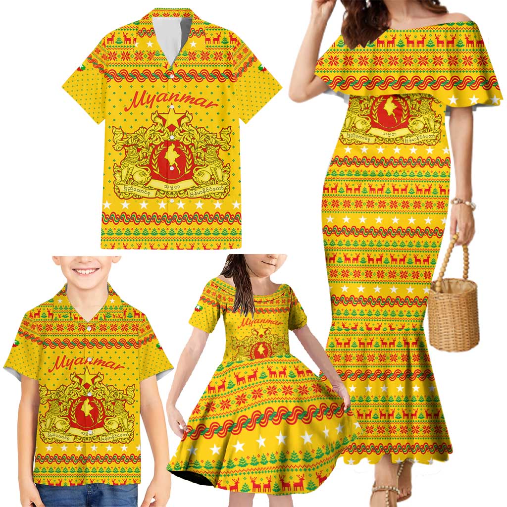 Myanmar Christmas Family Matching Mermaid Dress and Hawaiian Shirt with Yellow-Red-Green Theme, National Emblem, and Star Motif - Wonder Print Shop