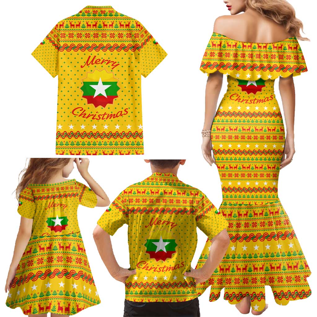 Myanmar Christmas Family Matching Mermaid Dress and Hawaiian Shirt with Yellow-Red-Green Theme, National Emblem, and Star Motif - Wonder Print Shop