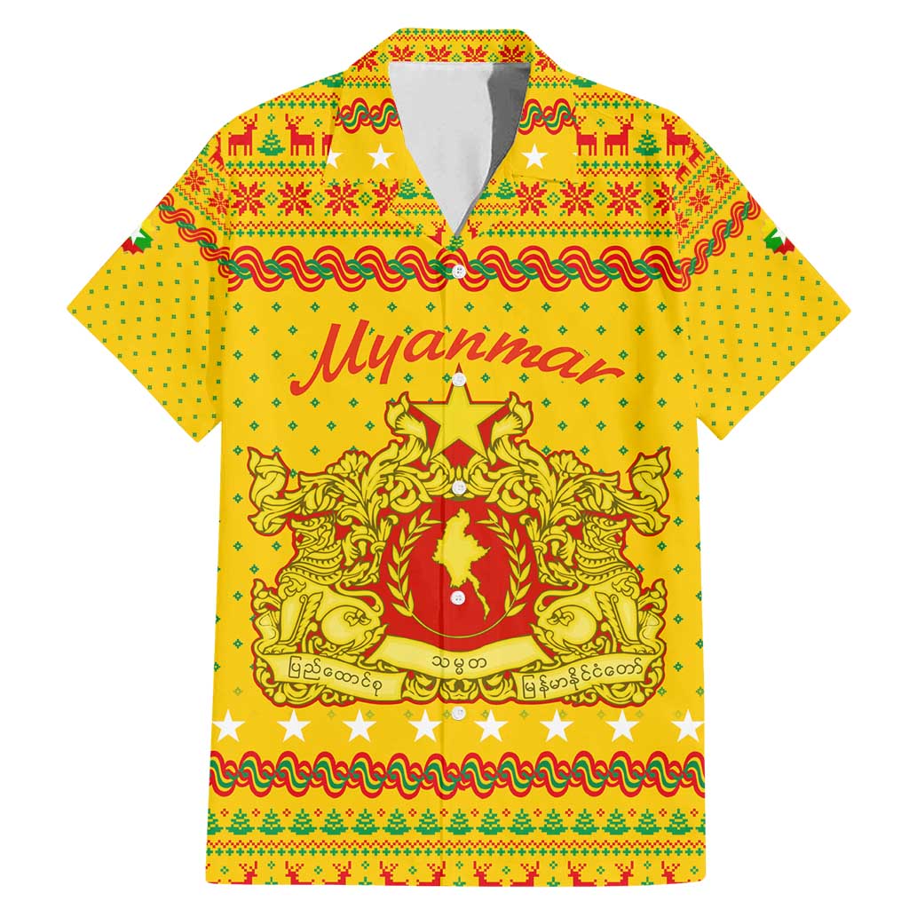 Myanmar Christmas Family Matching Mermaid Dress and Hawaiian Shirt with Yellow-Red-Green Theme, National Emblem, and Star Motif - Wonder Print Shop
