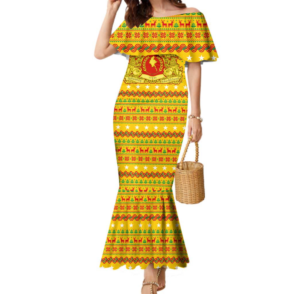 Myanmar Christmas Family Matching Mermaid Dress and Hawaiian Shirt with Yellow-Red-Green Theme, National Emblem, and Star Motif - Wonder Print Shop