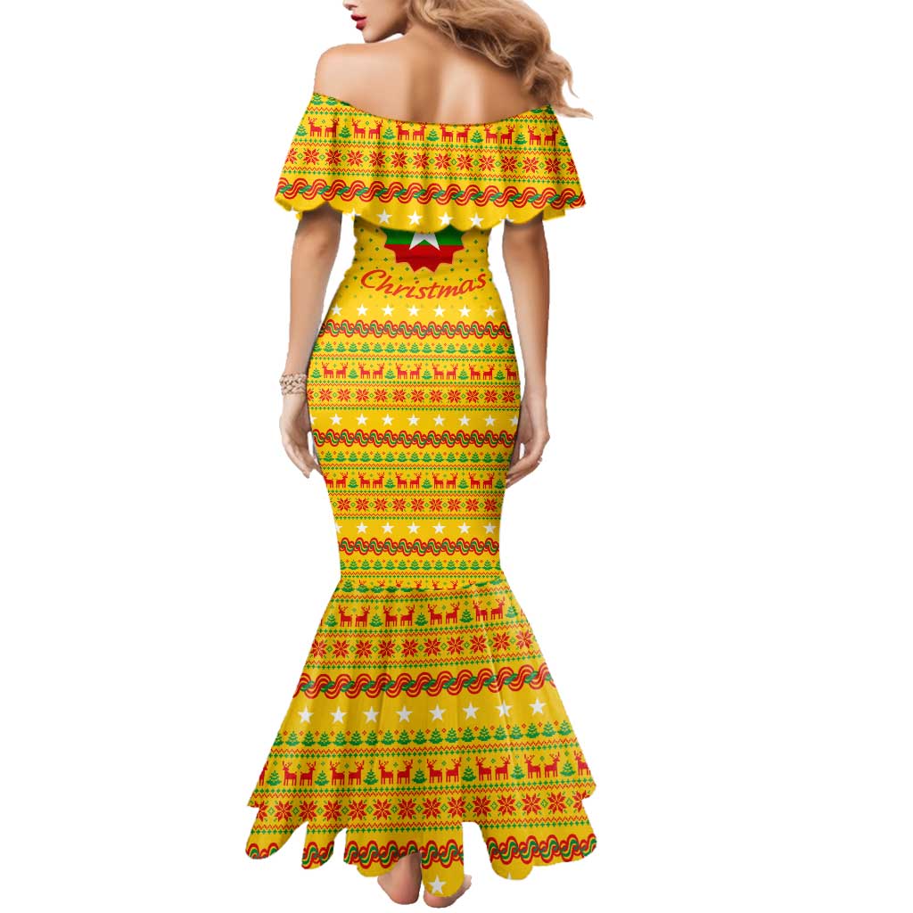 Myanmar Christmas Family Matching Mermaid Dress and Hawaiian Shirt with Yellow-Red-Green Theme, National Emblem, and Star Motif - Wonder Print Shop