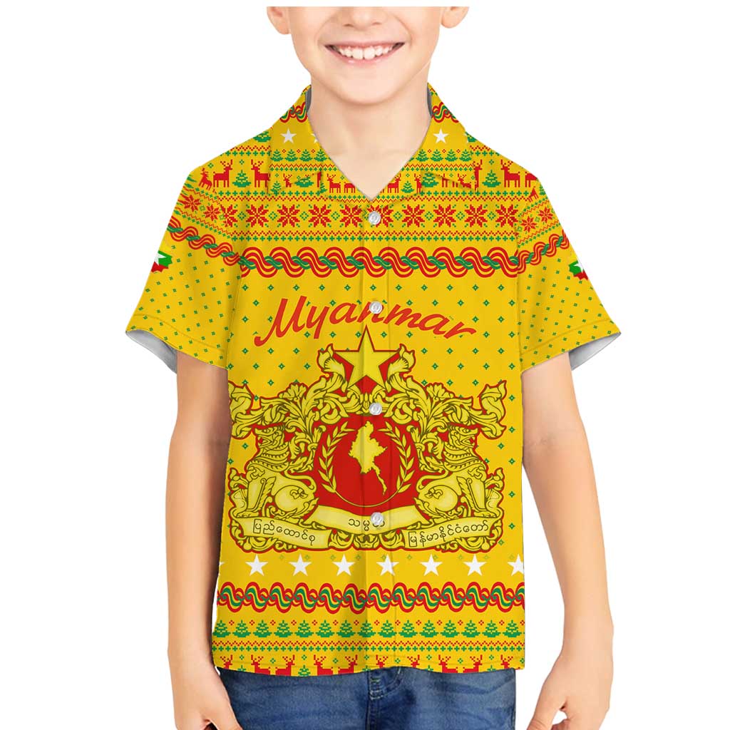 Myanmar Christmas Family Matching Mermaid Dress and Hawaiian Shirt with Yellow-Red-Green Theme, National Emblem, and Star Motif - Wonder Print Shop