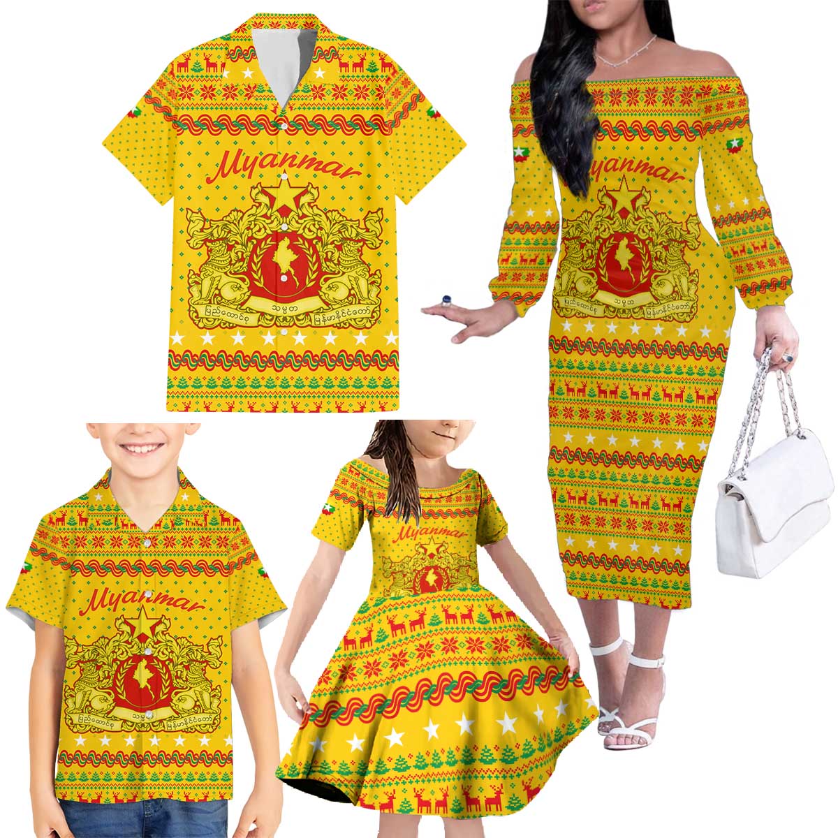 Myanmar Christmas Family Matching Off The Shoulder Long Sleeve Dress and Hawaiian Shirt with Yellow-Red-Green Theme, National Emblem, and Star Motif - Wonder Print Shop