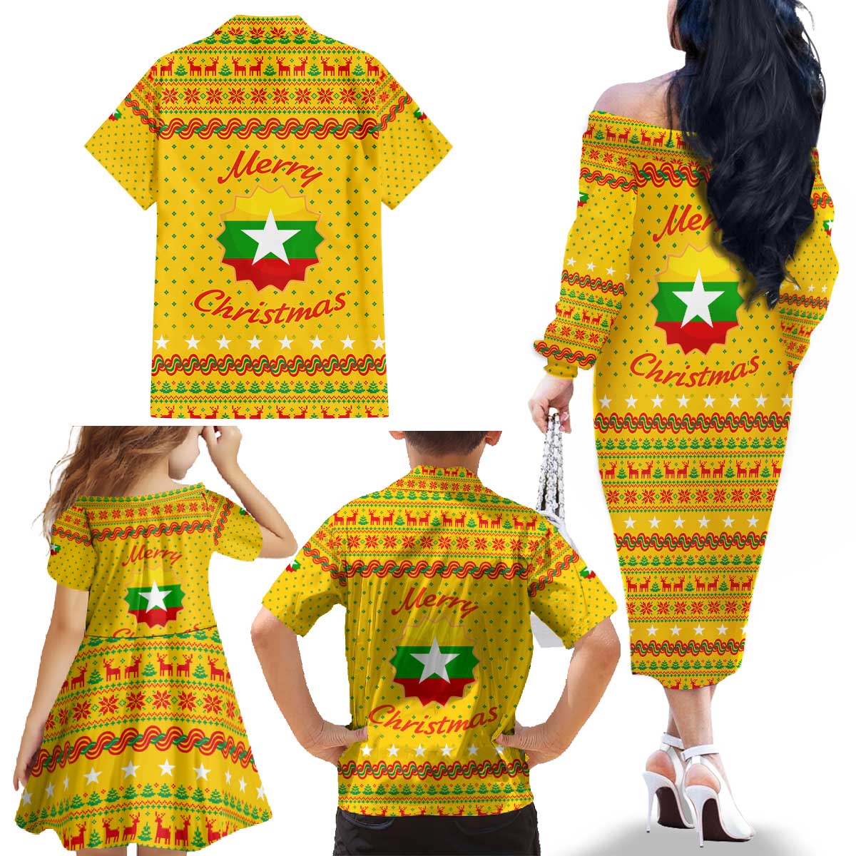 Myanmar Christmas Family Matching Off The Shoulder Long Sleeve Dress and Hawaiian Shirt with Yellow-Red-Green Theme, National Emblem, and Star Motif - Wonder Print Shop