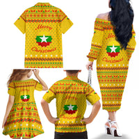 Myanmar Christmas Family Matching Off The Shoulder Long Sleeve Dress and Hawaiian Shirt with Yellow-Red-Green Theme, National Emblem, and Star Motif - Wonder Print Shop
