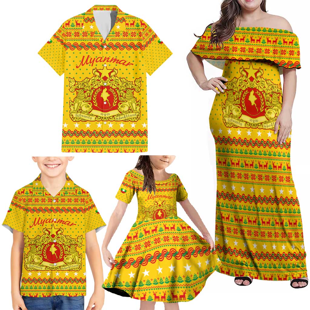 Myanmar Christmas Family Matching Off Shoulder Maxi Dress and Hawaiian Shirt with Yellow-Red-Green Theme, National Emblem, and Star Motif - Wonder Print Shop