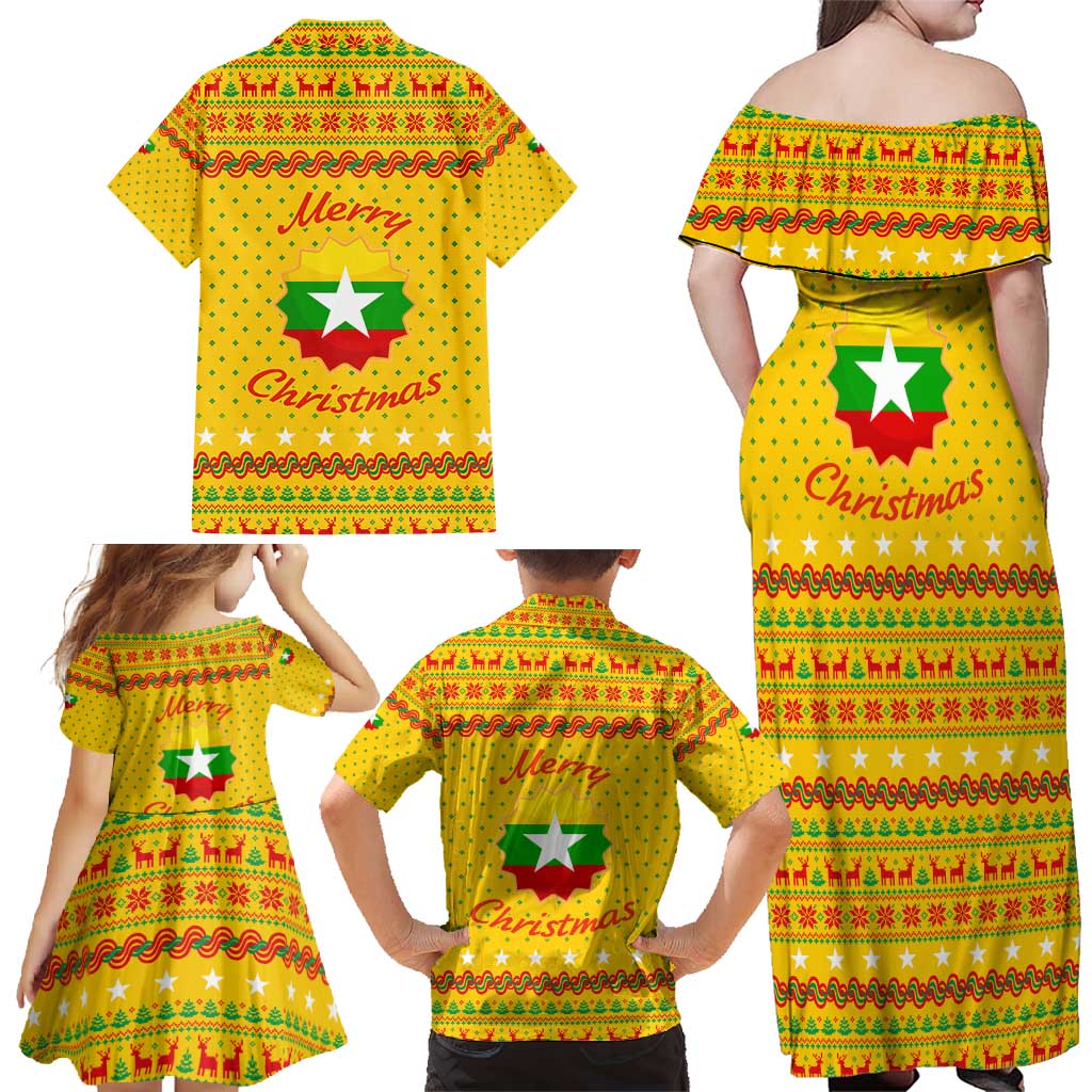 Myanmar Christmas Family Matching Off Shoulder Maxi Dress and Hawaiian Shirt with Yellow-Red-Green Theme, National Emblem, and Star Motif - Wonder Print Shop