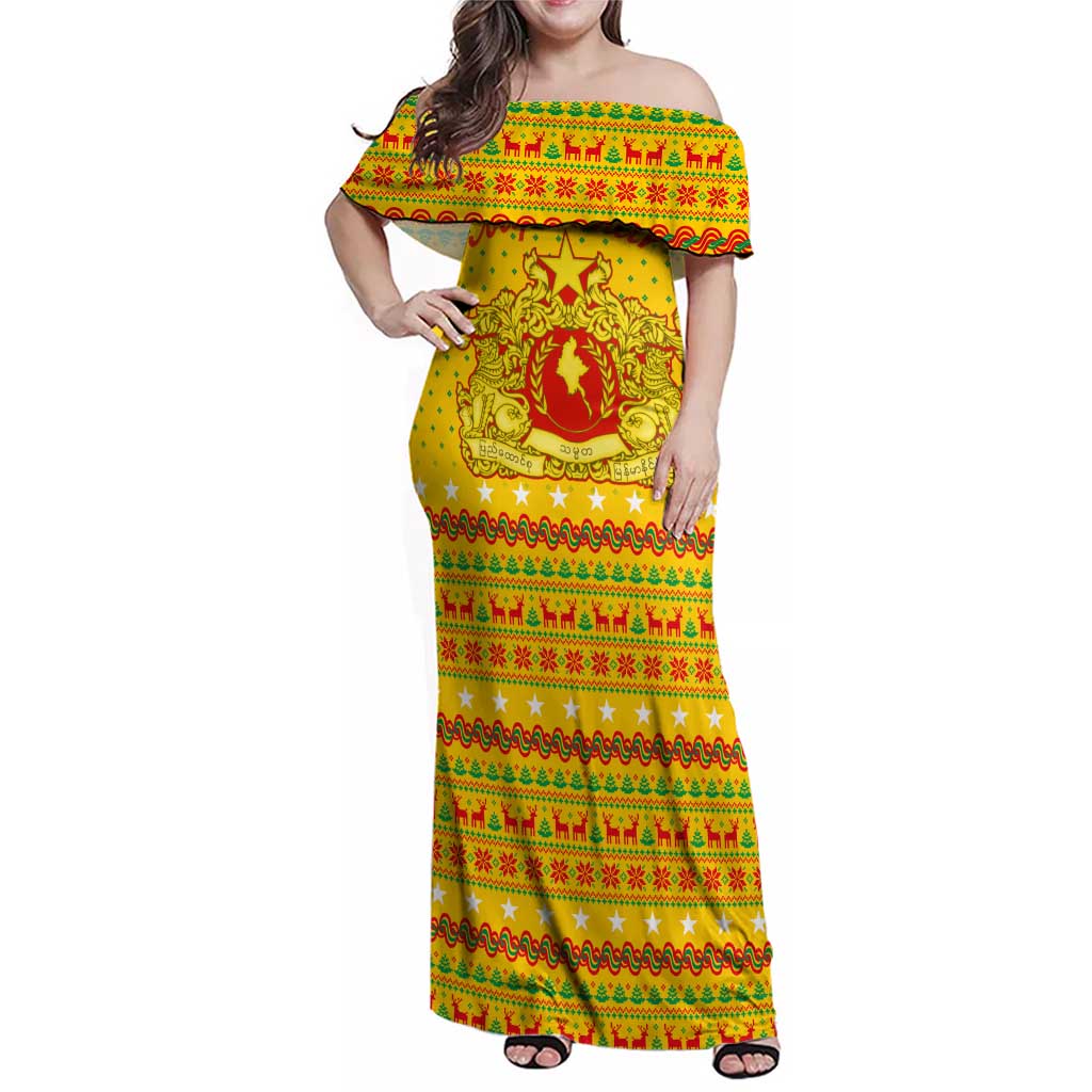 Myanmar Christmas Family Matching Off Shoulder Maxi Dress and Hawaiian Shirt with Yellow-Red-Green Theme, National Emblem, and Star Motif - Wonder Print Shop