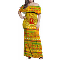 Myanmar Christmas Family Matching Off Shoulder Maxi Dress and Hawaiian Shirt with Yellow-Red-Green Theme, National Emblem, and Star Motif - Wonder Print Shop