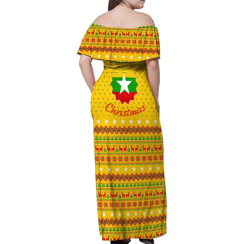 Myanmar Christmas Family Matching Off Shoulder Maxi Dress and Hawaiian Shirt with Yellow-Red-Green Theme, National Emblem, and Star Motif - Wonder Print Shop