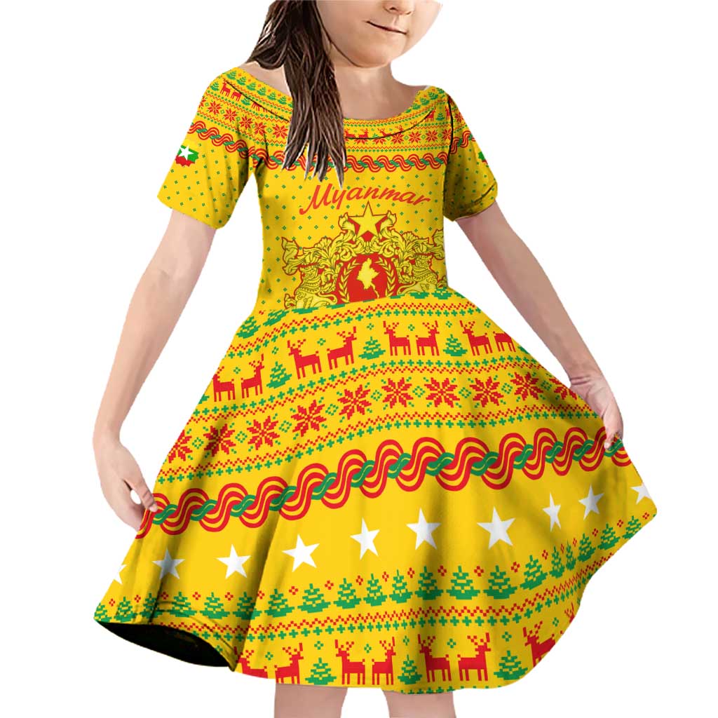 Myanmar Christmas Family Matching Off Shoulder Short Dress and Hawaiian Shirt with Yellow-Red-Green Theme, National Emblem, and Star Motif - Wonder Print Shop