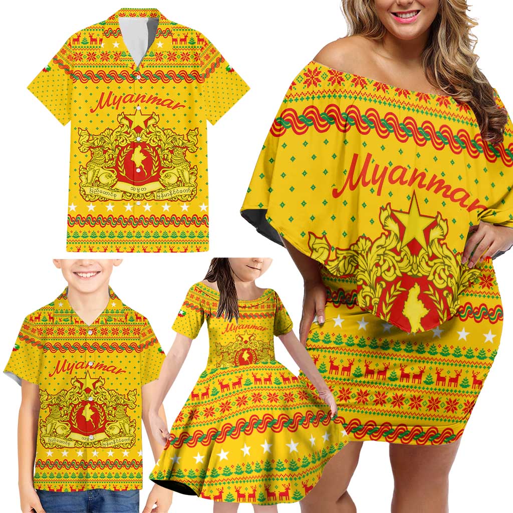 Myanmar Christmas Family Matching Off Shoulder Short Dress and Hawaiian Shirt with Yellow-Red-Green Theme, National Emblem, and Star Motif - Wonder Print Shop