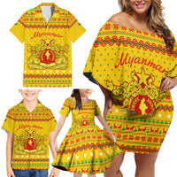 Myanmar Christmas Family Matching Off Shoulder Short Dress and Hawaiian Shirt with Yellow-Red-Green Theme, National Emblem, and Star Motif - Wonder Print Shop
