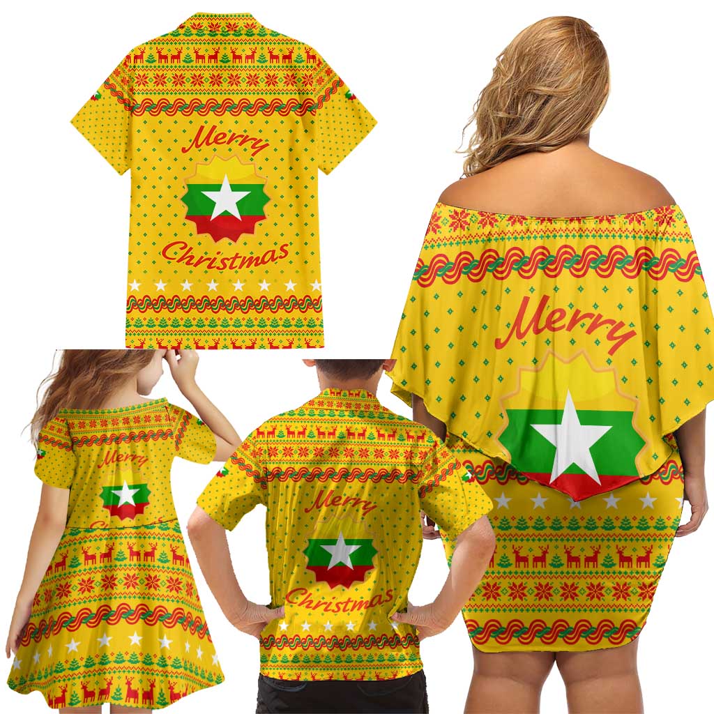 Myanmar Christmas Family Matching Off Shoulder Short Dress and Hawaiian Shirt with Yellow-Red-Green Theme, National Emblem, and Star Motif - Wonder Print Shop