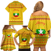Myanmar Christmas Family Matching Off Shoulder Short Dress and Hawaiian Shirt with Yellow-Red-Green Theme, National Emblem, and Star Motif - Wonder Print Shop