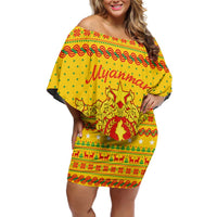 Myanmar Christmas Family Matching Off Shoulder Short Dress and Hawaiian Shirt with Yellow-Red-Green Theme, National Emblem, and Star Motif - Wonder Print Shop