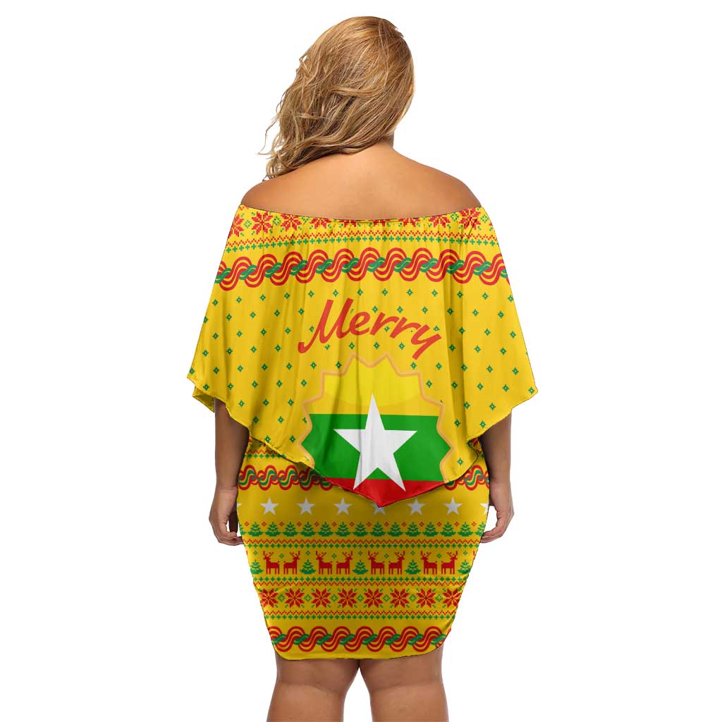 Myanmar Christmas Family Matching Off Shoulder Short Dress and Hawaiian Shirt with Yellow-Red-Green Theme, National Emblem, and Star Motif - Wonder Print Shop