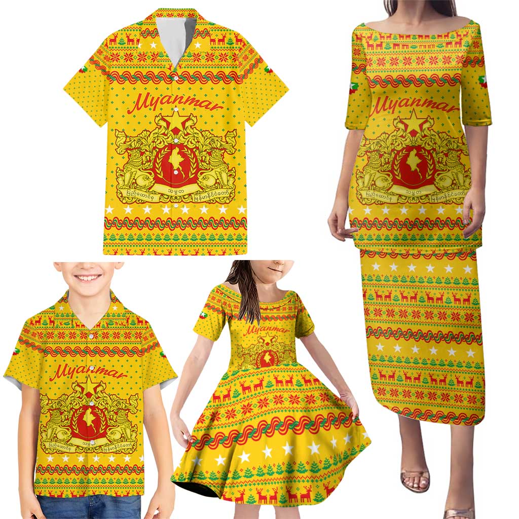 Myanmar Christmas Family Matching Puletasi and Hawaiian Shirt with Yellow-Red-Green Theme, National Emblem, and Star Motif - Wonder Print Shop