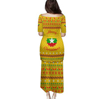 Myanmar Christmas Family Matching Puletasi and Hawaiian Shirt with Yellow-Red-Green Theme, National Emblem, and Star Motif - Wonder Print Shop
