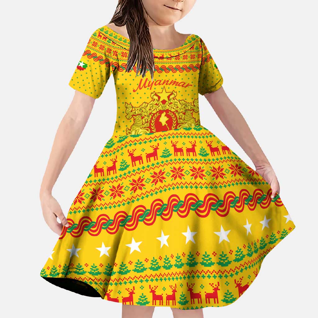 Myanmar Christmas Family Matching Short Sleeve Bodycon Dress and Hawaiian Shirt with Yellow-Red-Green Theme, National Emblem, and Star Motif - Wonder Print Shop