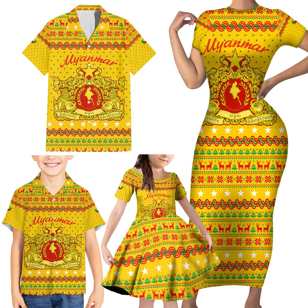 Myanmar Christmas Family Matching Short Sleeve Bodycon Dress and Hawaiian Shirt with Yellow-Red-Green Theme, National Emblem, and Star Motif - Wonder Print Shop